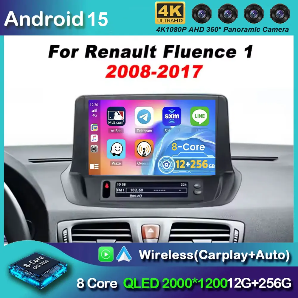 Android 15 Auto para Renault Fluence 1 2008-2017 con 4G GPS inalámbrico Bluetooth Carplay Multimedia pantalla estéreo táctil Radio de coche