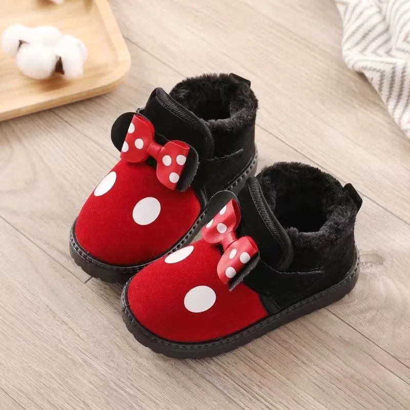 Minnie mouse Children\'s warm and thick snow boots  boys and girls\' cute bow knot winter new snow boots cotton shoes