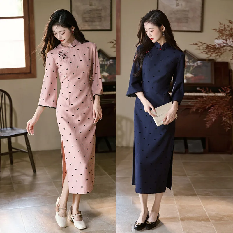

Новое розовое модифицированное платье Cheongsam в китайском стиле, новинка 2023 года, осеннее платье для девочек, повседневное платье Cheongsam Qipao с длинными рукавами