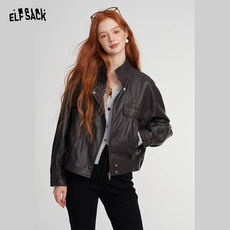 ELFSACK Women's Black Moto Biker Jacket with Chest Pockets, Casual Lapel Outerwear for Daily Streetwear