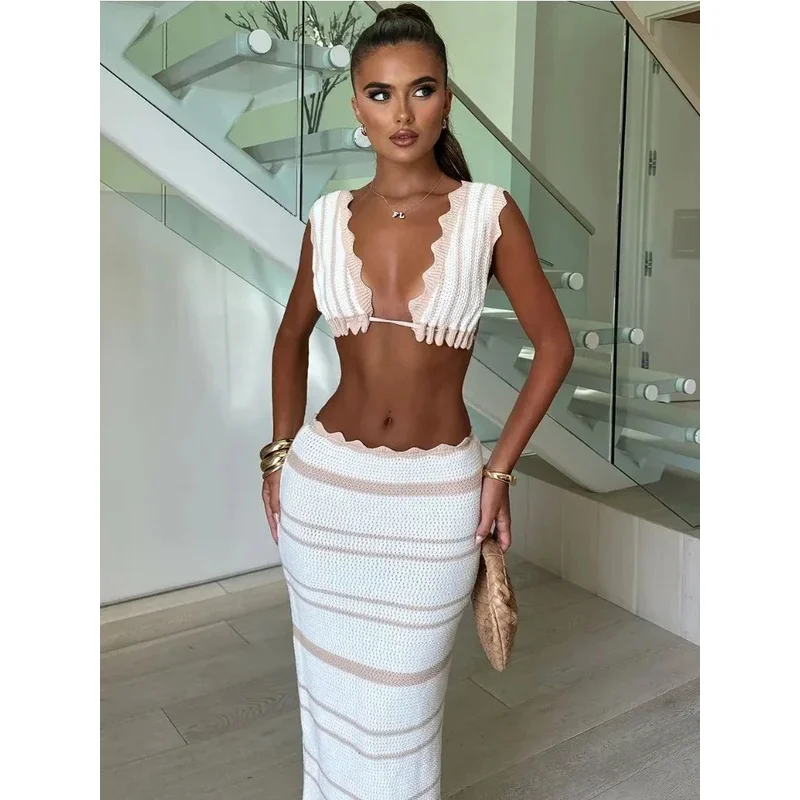 JINIA Gebreide gestreepte 2-delige set lange rok Vrouwelijke ruches V-hals Casual strandvakantie Contrastoutfits Gebreide maxi-roksets