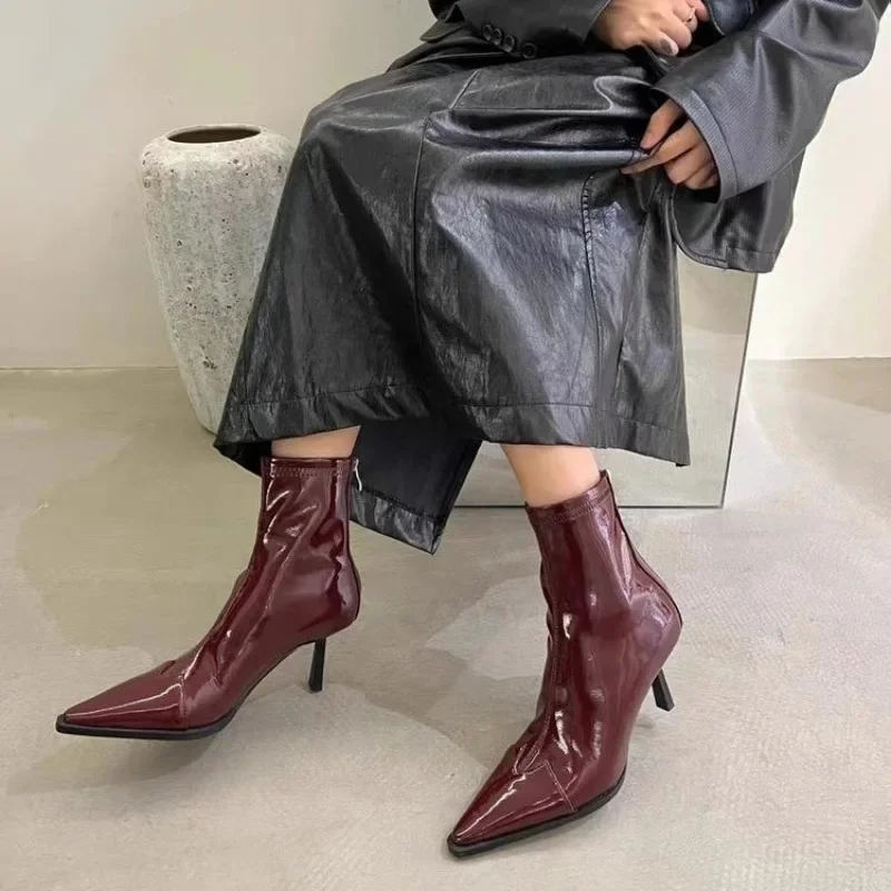 Boots Women New 2023 Zipper Pointe Shoes Winter Footwear Pointy Autumn Ladies High Heel Ankle Rubber Leather Microfiber Solid R