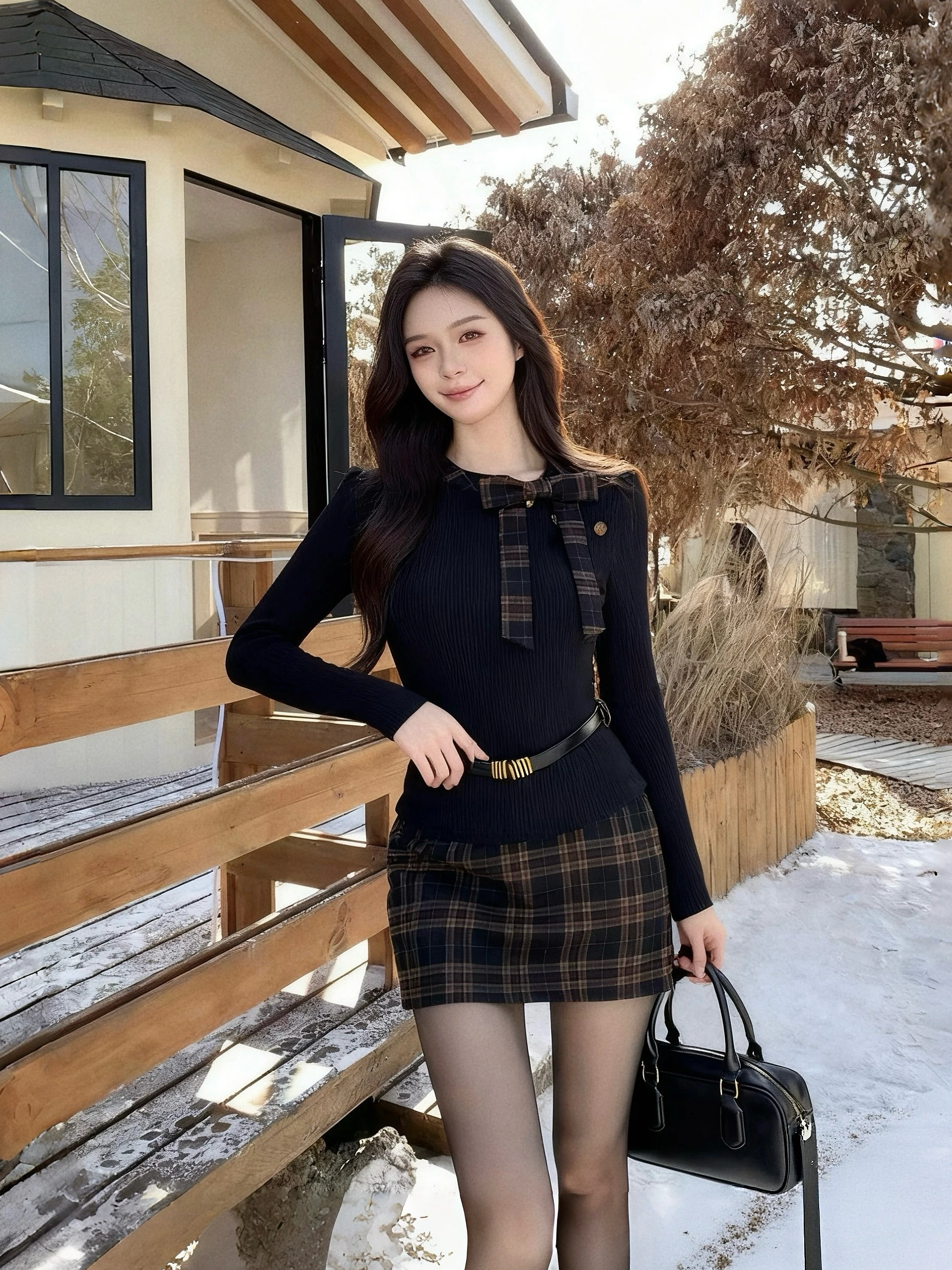 

Женский вязаный облегающий свитер с базовым слоем и клетчатая юбка, комплект из двух предметов, осенне-зимний модный повседневный комплект с высокой талией