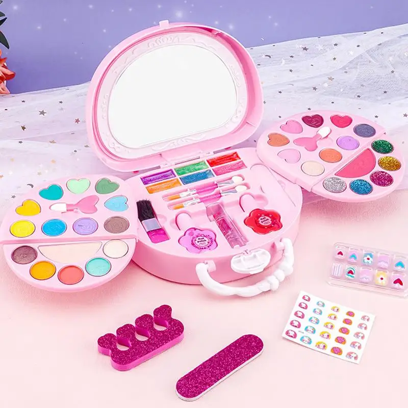 Kids Makeup Box Kit Princess Washable Makeup Kits Pink Pretend Beauty Set Real Portable Safe Makeup Toys For Toddler & Kids