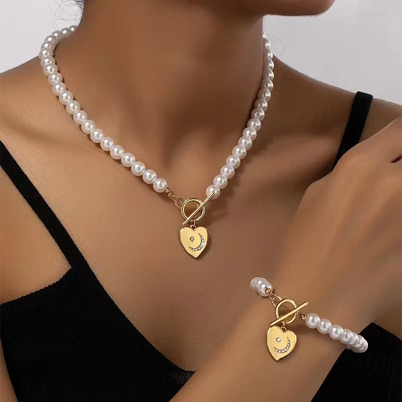 Women's Elegant Simulated Pearl Heart Necklace Bracelet Set
