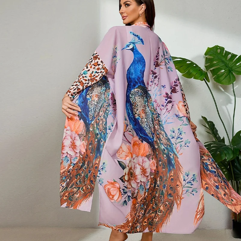 Europeu e americano retro solto plus size meados de comprimento quimono cardigan verão praia proteção solar cover-up bikini maiô outerwear yukata solto cardigan outerwear