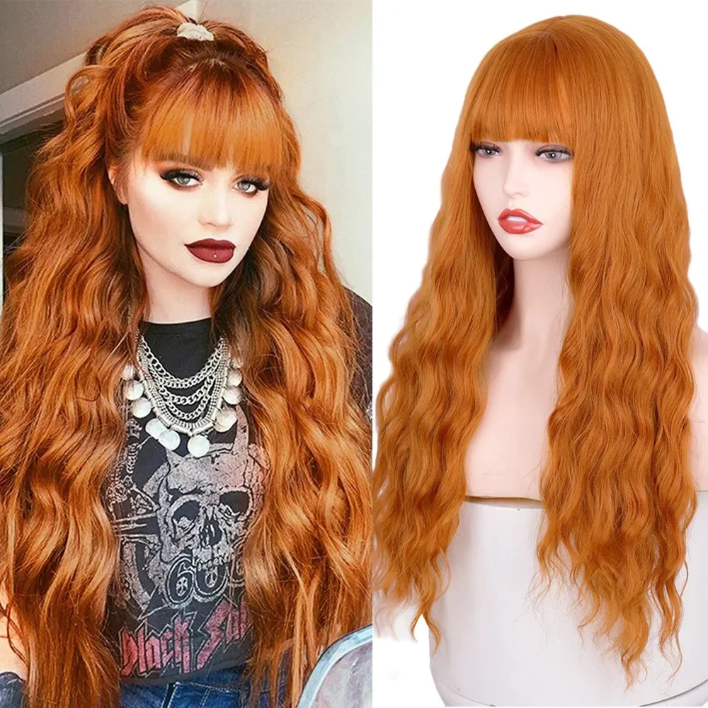 Long Synthetic Wig Bright Heat Resistant Body Wave Wig Curly Hair with Bangs Cosplay Costume Halloween Party Wig for Ladies