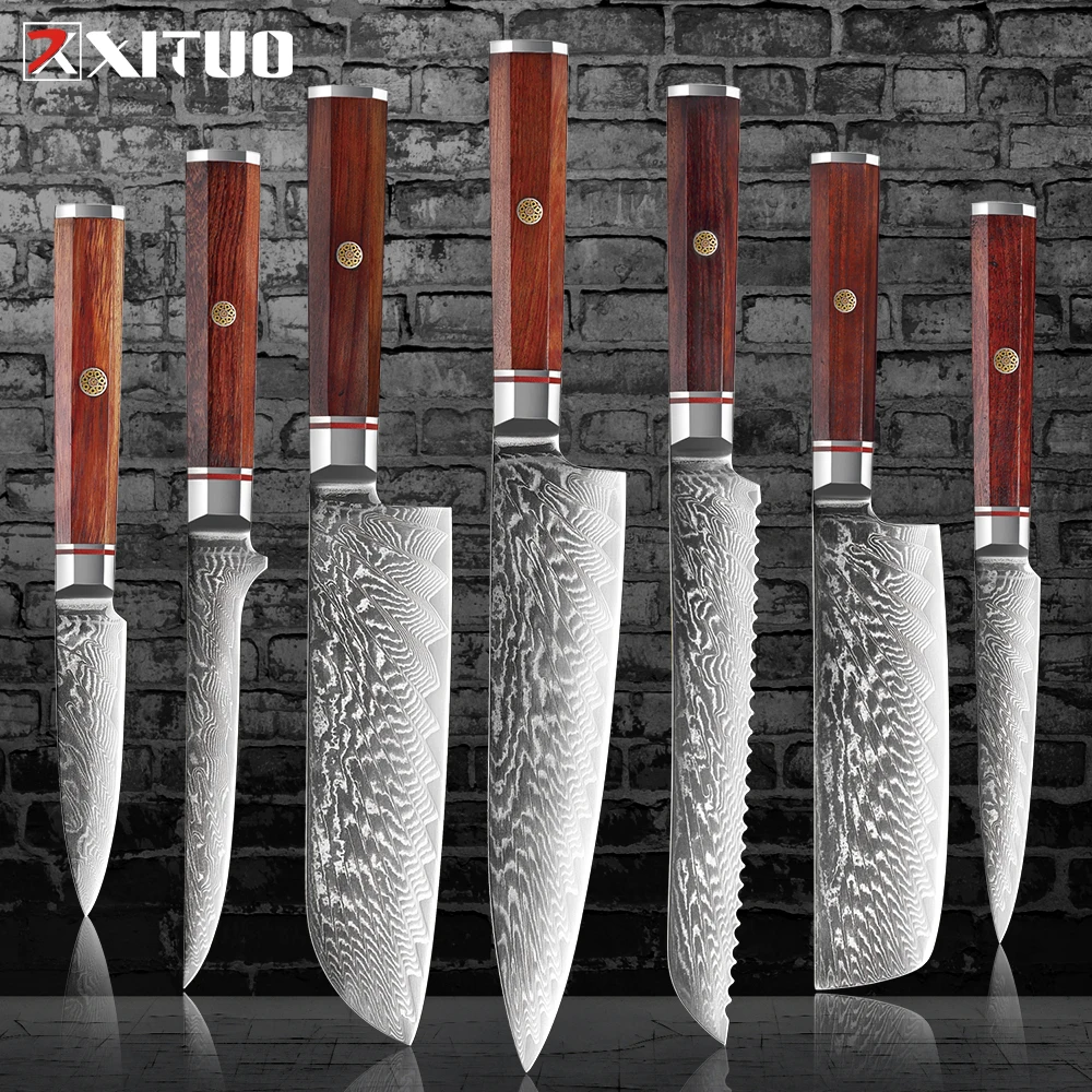 Japanese Chef Knife Set 1-7Pcs Super-sharp Kitchen Knife Chef Santoku Knife Cleaver Bread Paring Knife Damascus Steel 67 Layer