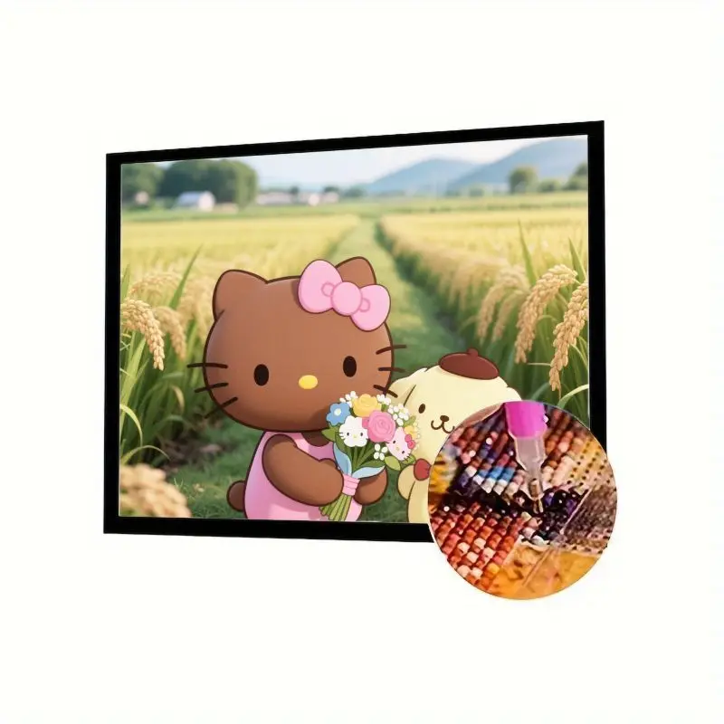 

1PC 5D DIY Hello Kitty & Pompompurin Diamond Painting Kit - Full Drill Round Diamond Art with Cute Brown Hello Kitty Holding Flo