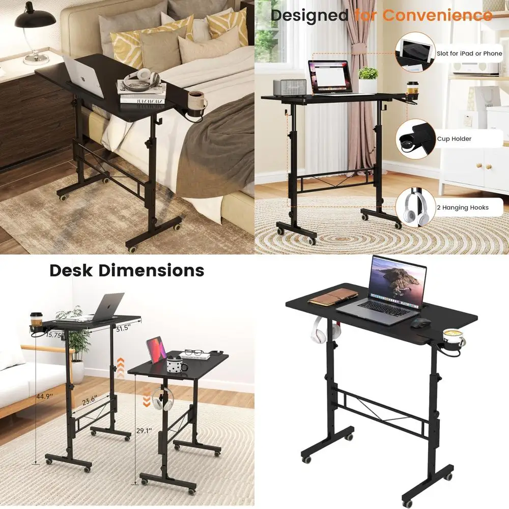 

Портативная настольная подставка с регулируемой высотой и колесиками, мобильная тележка для ноутбука для стояния/сидения, черная