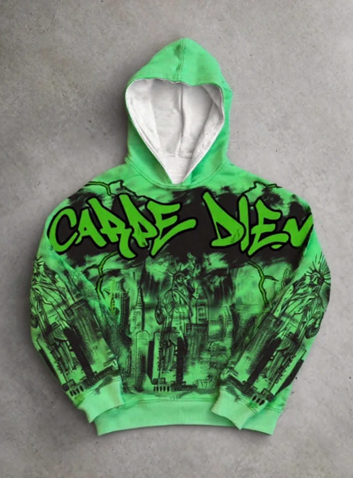 

Autumn and Winter Men's Warm and Stylish Street Hooded Sweatshirt with Street Graffiti Carpe Diem Print, Statue of Liberty City Pattern Hoodie