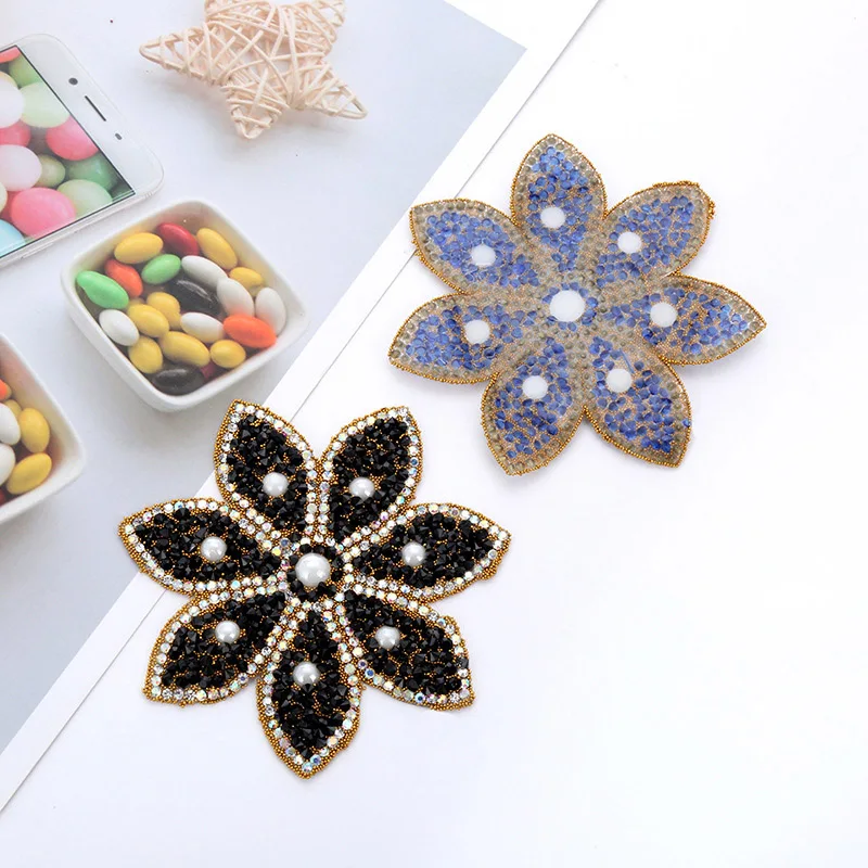 Thermal Patches Flower Rhinestone Applique Pearl DIY For Clothing Jacket Backpack Punk Sewing Decorative Badges Stickers BX003