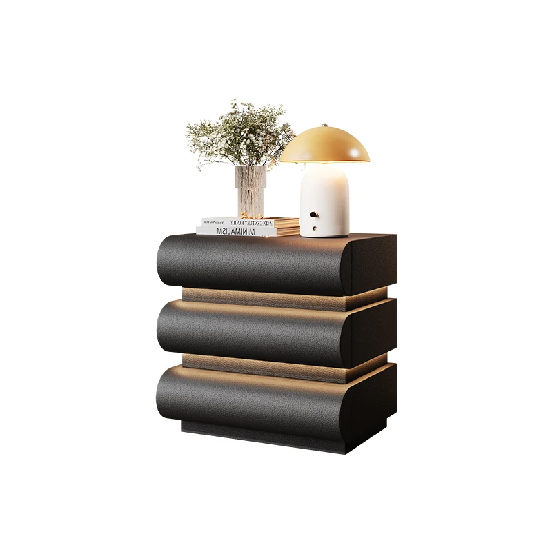 #Italian Luxury Bedroom 3-Tier Curved Spray Paint Nightstand Built-in Layered Ambient LED Light Hidden Handle Designer Bedside