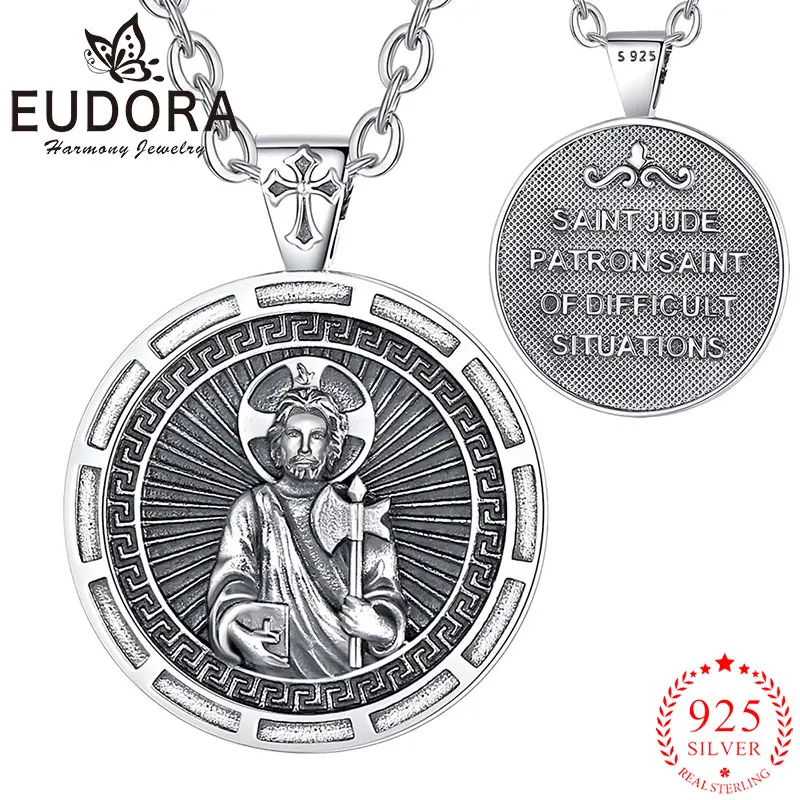 

Eudora 925 Sterling Silver Saint Jude Necklace Vintage Embossed Medallion Pendant Christian Jewelry Exquisite Gift For Men Women