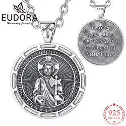 Eudora 925 Sterling Silver Saint Jude Necklace Vintage Embossed Medallion Pendant Christian Jewelry Exquisite Gift For Men Women