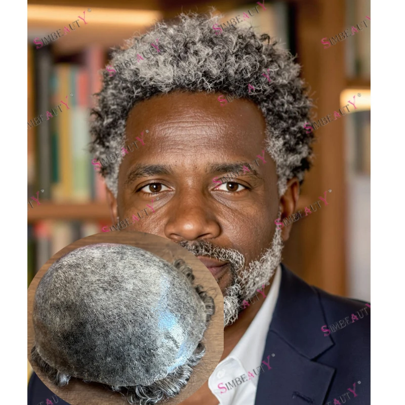 

Необнаружимый 1B40 1B65 Кудрявый вьющийся серый мужской протез из человеческих волос, длительный срок службы, полная кожа, мужской парик, 8 мм, черный мужской парик