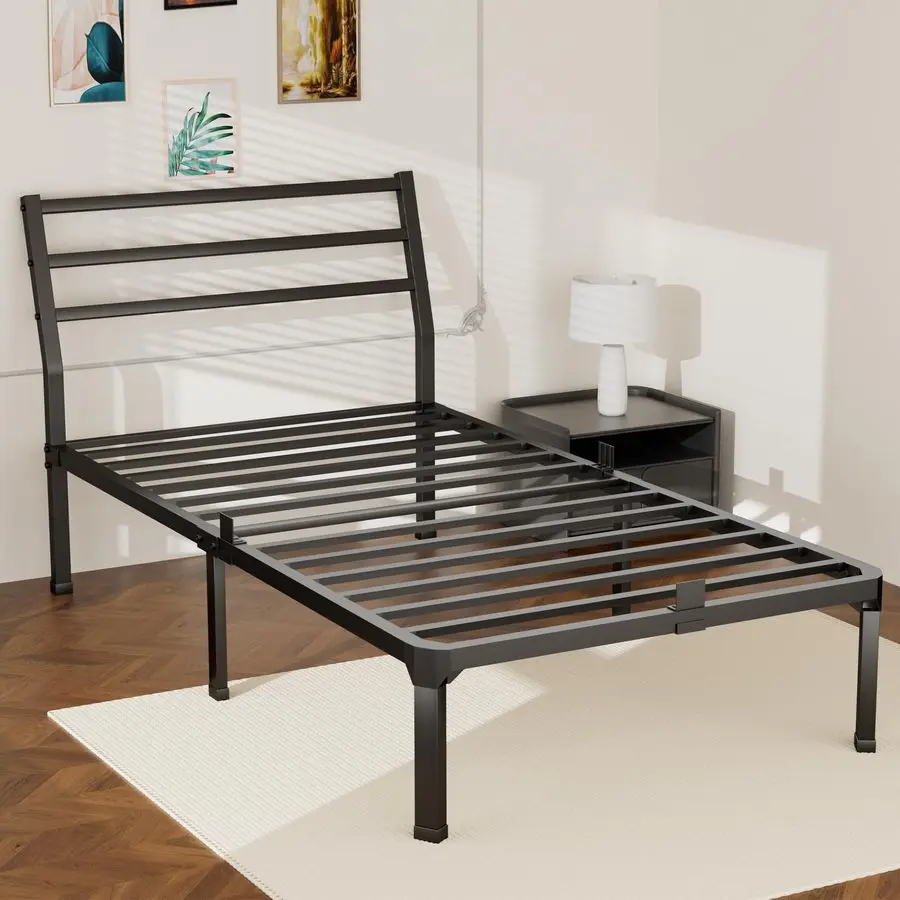 

Twin Size Metal Bed Frame with Headboard, 14inch Black Heavy Duty Platform with Steel Slats Support and Mattress Stoppers, 3500