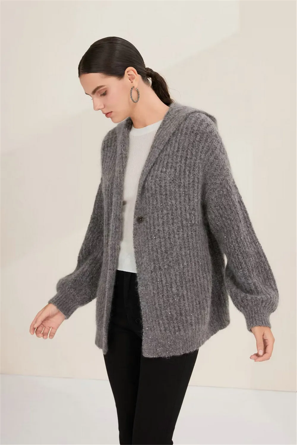 Women's 25 Autumn/Winter Hooded Collar One Button Button Horsehair Cashmere Blended Cardigan Sweater Jacket