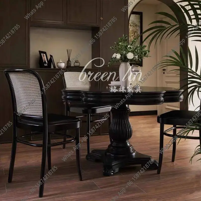 

French vintage dining table/American country black solid wood dining table/neoclassical villa living room round dining table