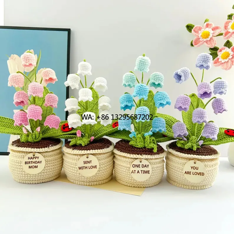 

Handmade Crochet Bell Orchid Potted Plant in Gradient Colors Cotton Yarn Simulation Flower Desktop Bonsai Finished Gift
