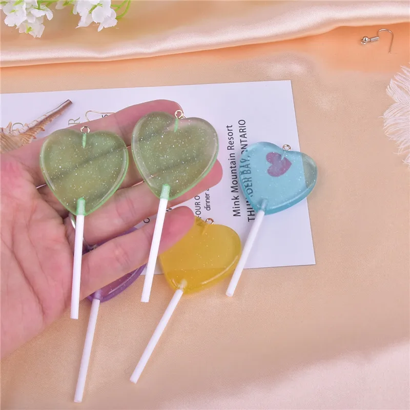 10Pcs Blingbling Glitter Hearts Lollipop Resin Charms Imitation Candy Pendants for Jeweley Making DIY Keychains 85x22mm