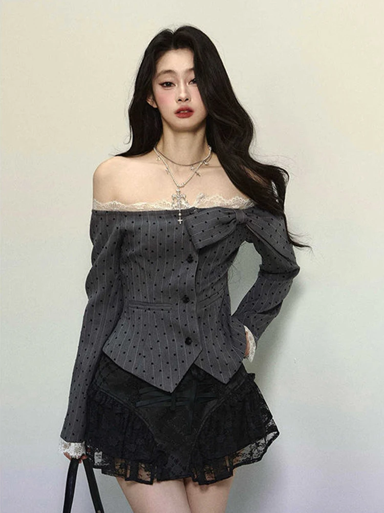 

Polka Dot Women Shirt Bow Lace Patchwork Office Lady Vintage Korean Blouse Slash Neck Striped Long Sleeve Slim Fit Female Tops