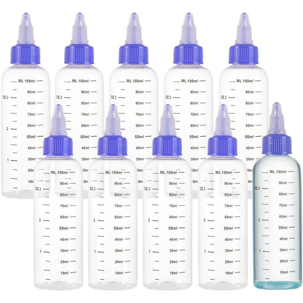 10 Pack 100ml/3.4 oz Plastic Squeeze Bottles with Scale PET Transparent Blue Twist Cap Bottles Graduated Squeeze Dispensing