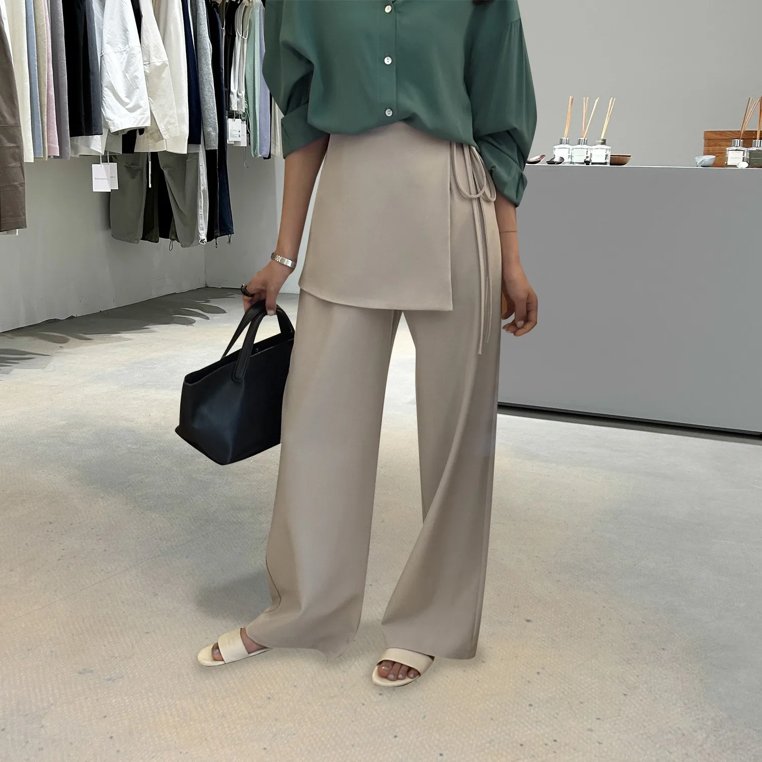 Calças de Cintura Alta Largas e Soltas Pretas Calças Casuais Fenas Estilo Patchwork Falso de Duas Peças Moda Versátil