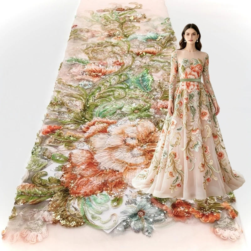 3D Floral African Beaded Lace Fabric 2026 High-Quality Nigerian French Sequined Lace Suitable for Women's Wedding Party Dresses