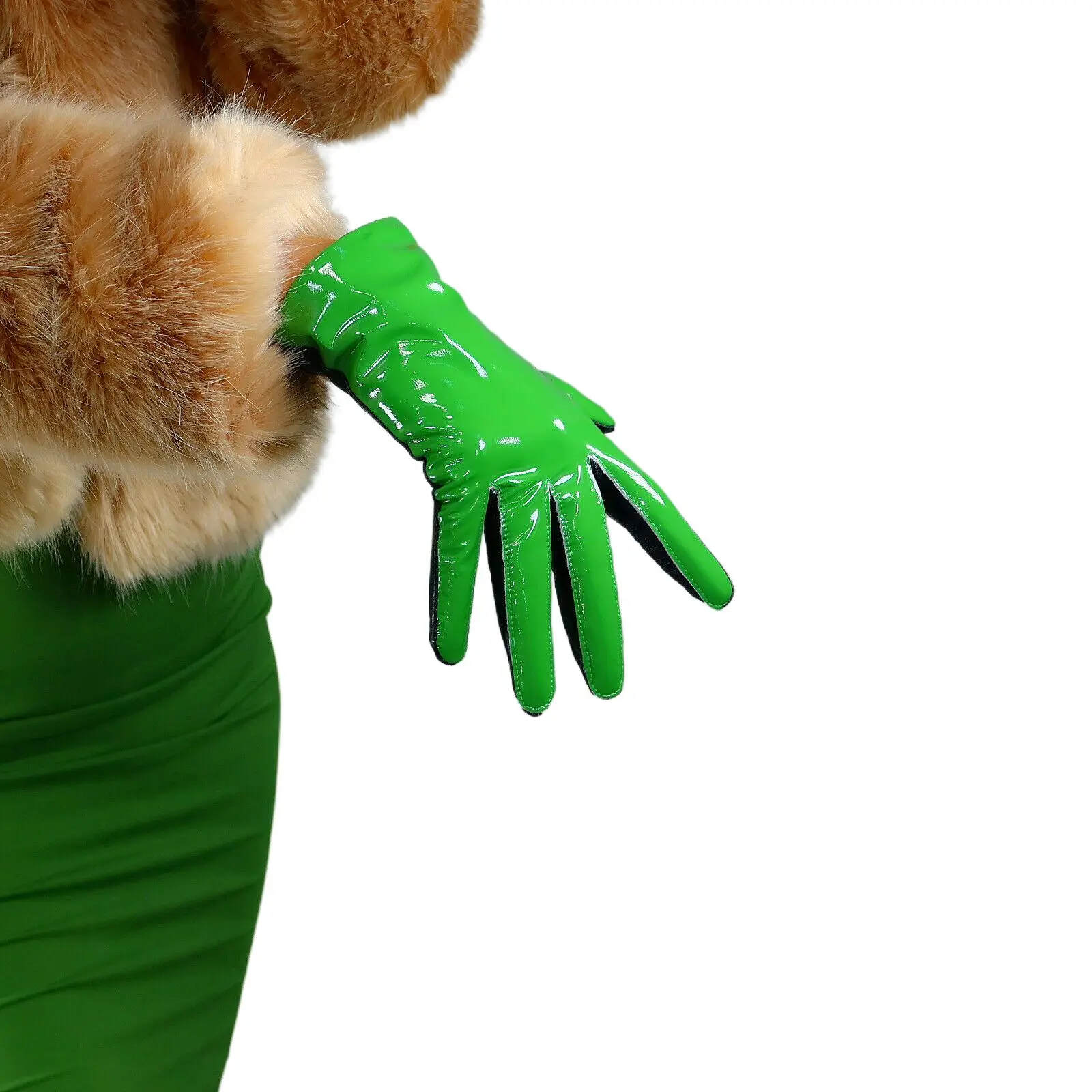 DooWay guanti corti in pelle da donna nero Shine Green Winter Warm Genuine goin Two Tone Shiny Driving Celeb Fashion Glove