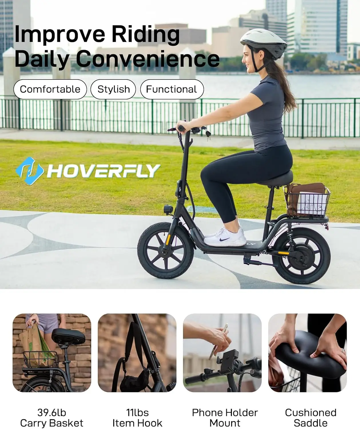 Electric Scooter with Seat, 18.6Miles Range&15.5Mph Power by 550W Peak Motor, 14