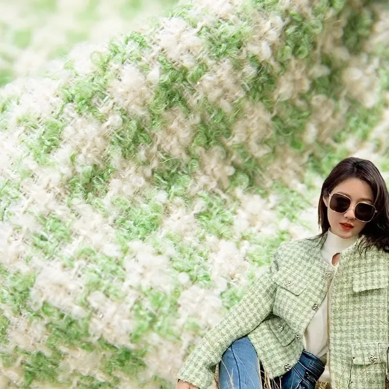 

Woven Polyester Wool Tweed Fabric Soft Thick By The Meter for Women Bags Clothes Jackets Vests Coats DIY Sewing Cloth Green Blue
