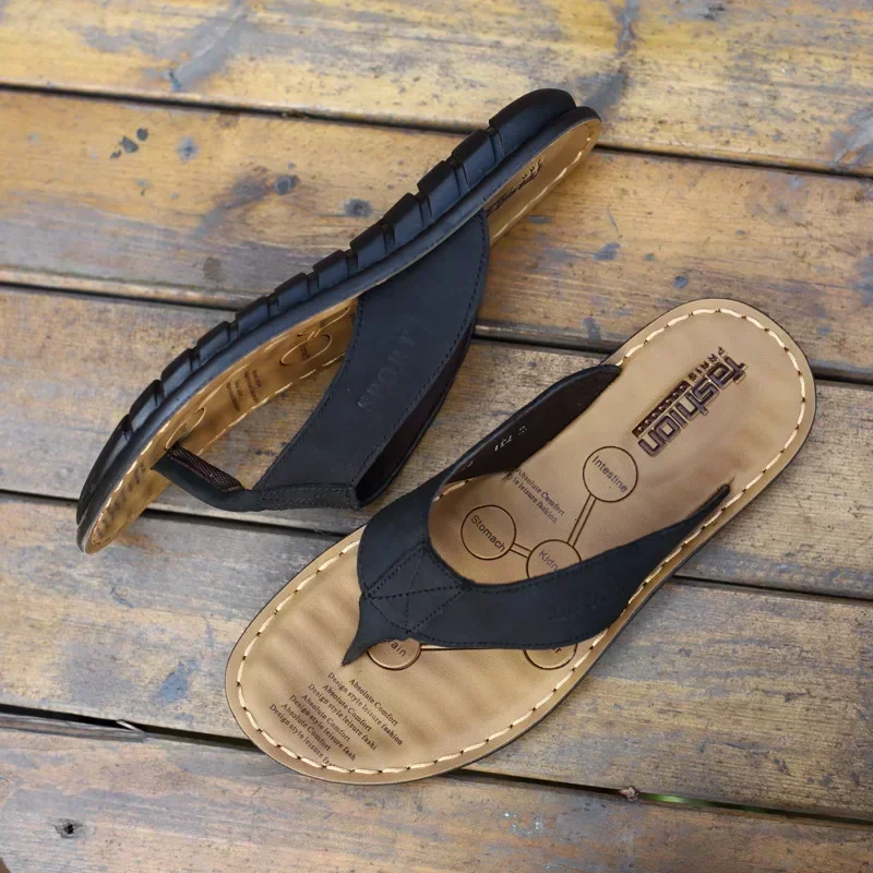 Summer Shoes Men Slippers Genuine Leather Beach Slippers Outdoor Anti-slip Mens Flip Flop Sandals Male Casual Leather Sandals