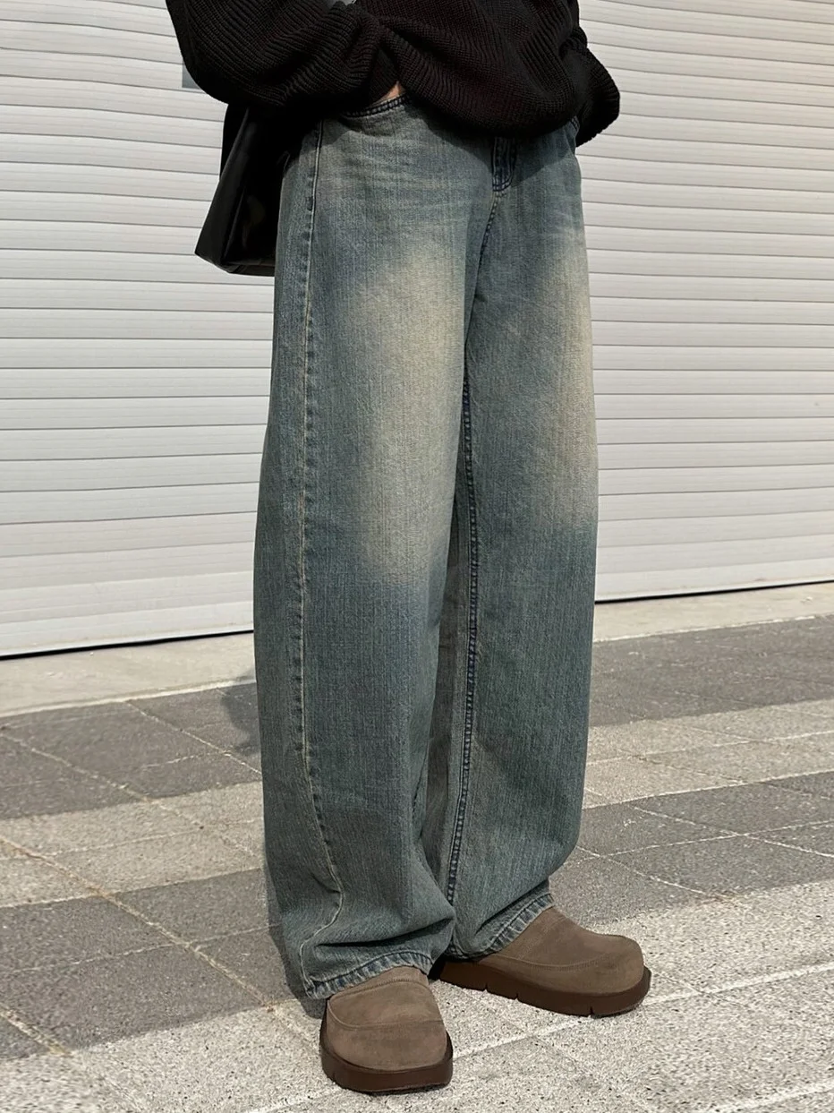 

TANGZ Studio Men's Casual Loose Straight Leg Jeans Korean Sle Vintage Wide Leg Pants mid Waist Zipper Closure Denim