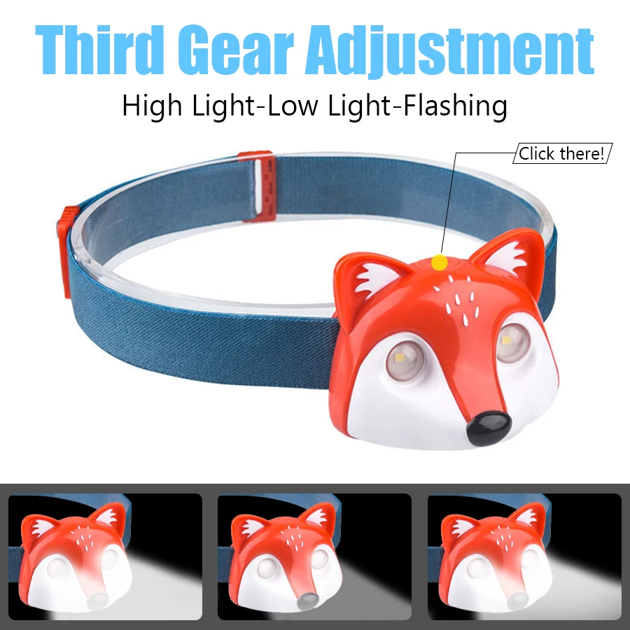 E5 Cute Kid Fox LED Headlamp edc Rechargeable Headlight 3 Modes Head Torch Flashlight Portable Lantern for Outdoor Camping Trips