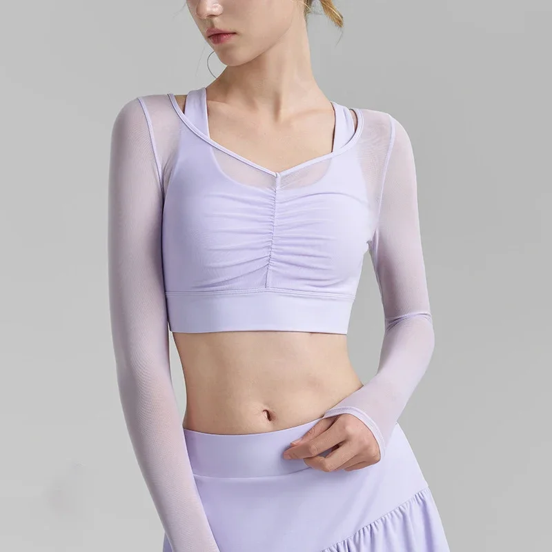 New Fake Two-piece Sports T-shirt Solid Color V Neck Short  Women's Mesh Stitching Yoga Clothes Fixed Cup Pleated Fitness Top