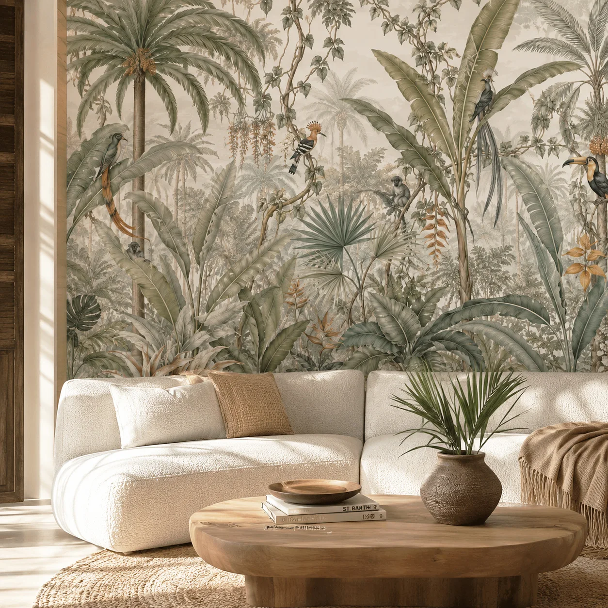 Large Vintage Jungle Wall Mural Wallpaper Sage Green Palm Leaves Exotic Birds Monkeys Living Room Bedroom Paste Required