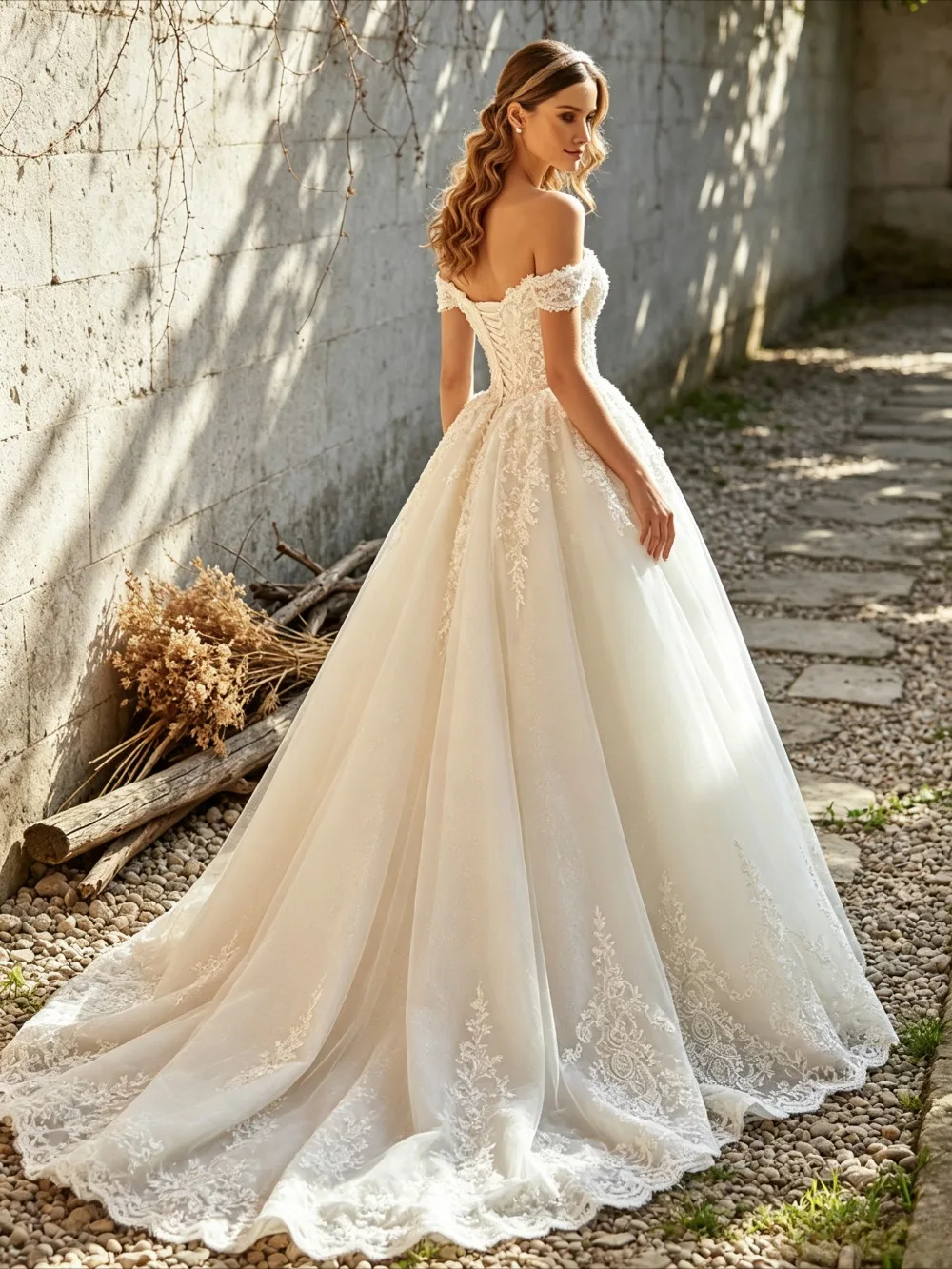 Customized Romantic Off Shoulder Lace Wedding Dress 2026 Sweet Neck Long Tail Fluffy Garden Bridal Gown Suitable for Churches