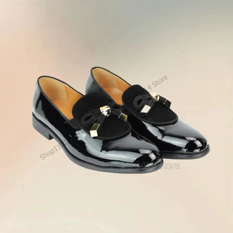 

Black Patchwork Metal Bow Knot Decor Penny Loafers Fashion Slip On Men Shoes Luxury Handmade Party Feast Office Men Dress Shoes