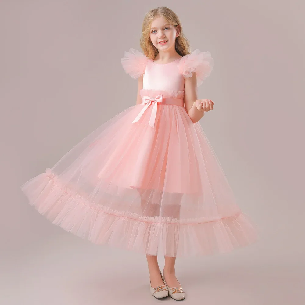 Fashion Solid Princess Dress for Girls Bow Sleeveless Lace Mesh Bridesmaid Dresses Summer Children Girls Dress 6-17 Years