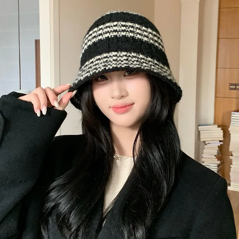 Winter Striped Knitted Bucket Hat Women Big Head Friendly Warm Cap Шапка Вязаная Thick Ear Protection Panama Fisherman Hat
