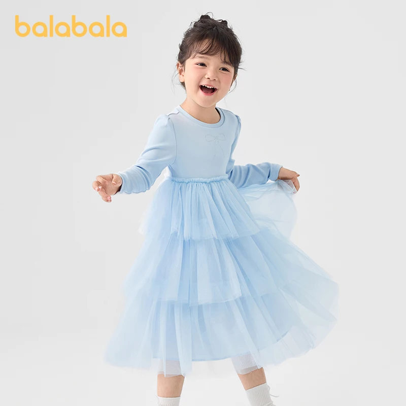 

Balabala Children's Clothing Younger Dress for Girls 2025 New Spring Version Baby Long Sleeve Mesh Dress Sweet Children's Dress