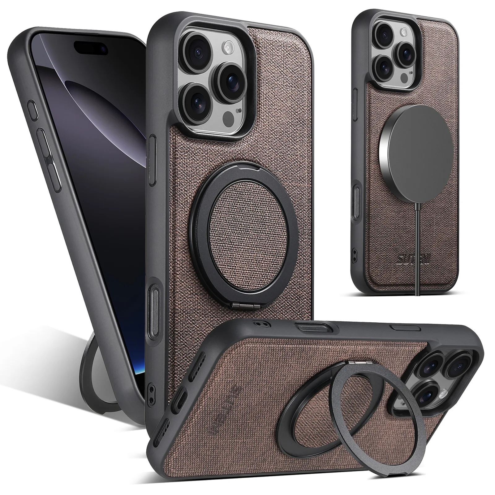 

Для Iphone 16 Pro Max/15/14/13/12 Чехол с магнитом 360 ° Вращающаяся металлическая подставка из холста, кожаная магнитная зарядка, противоударный чехол из ТПУ