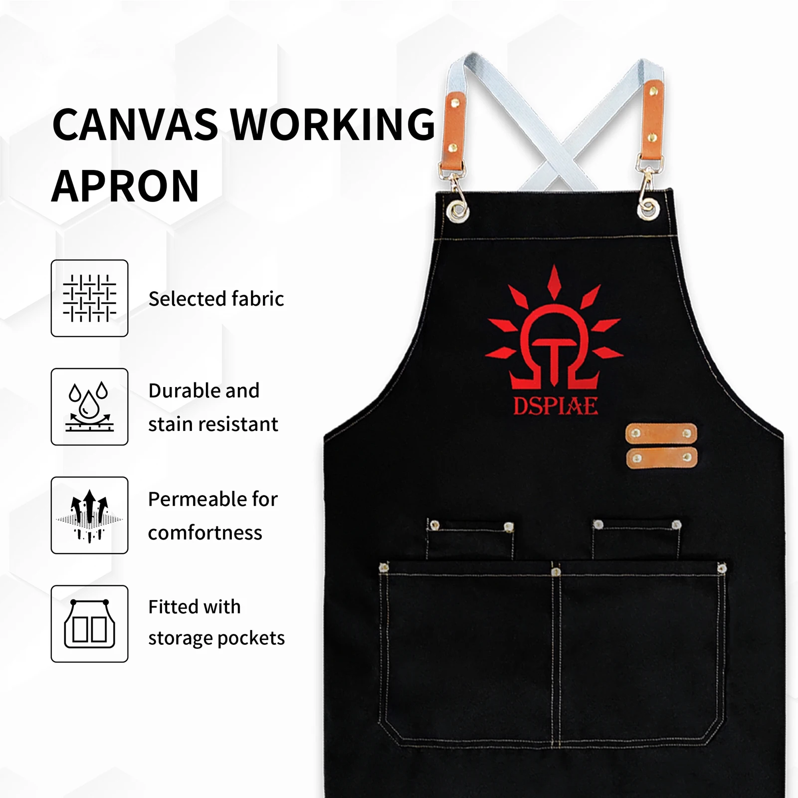 DSPIAE CAN-01 Canvas Working Apron Black Red 80cm for Painting and DIY Projects Durable