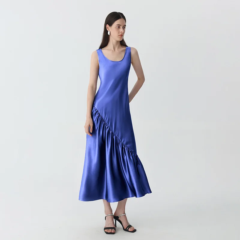 22MM 100% Mulberry Silk Maxi Dress Women Luxury Glossy Sleeveless Mermaid Long Dresses Asymmetric Ruched Evening Party Slip Gown