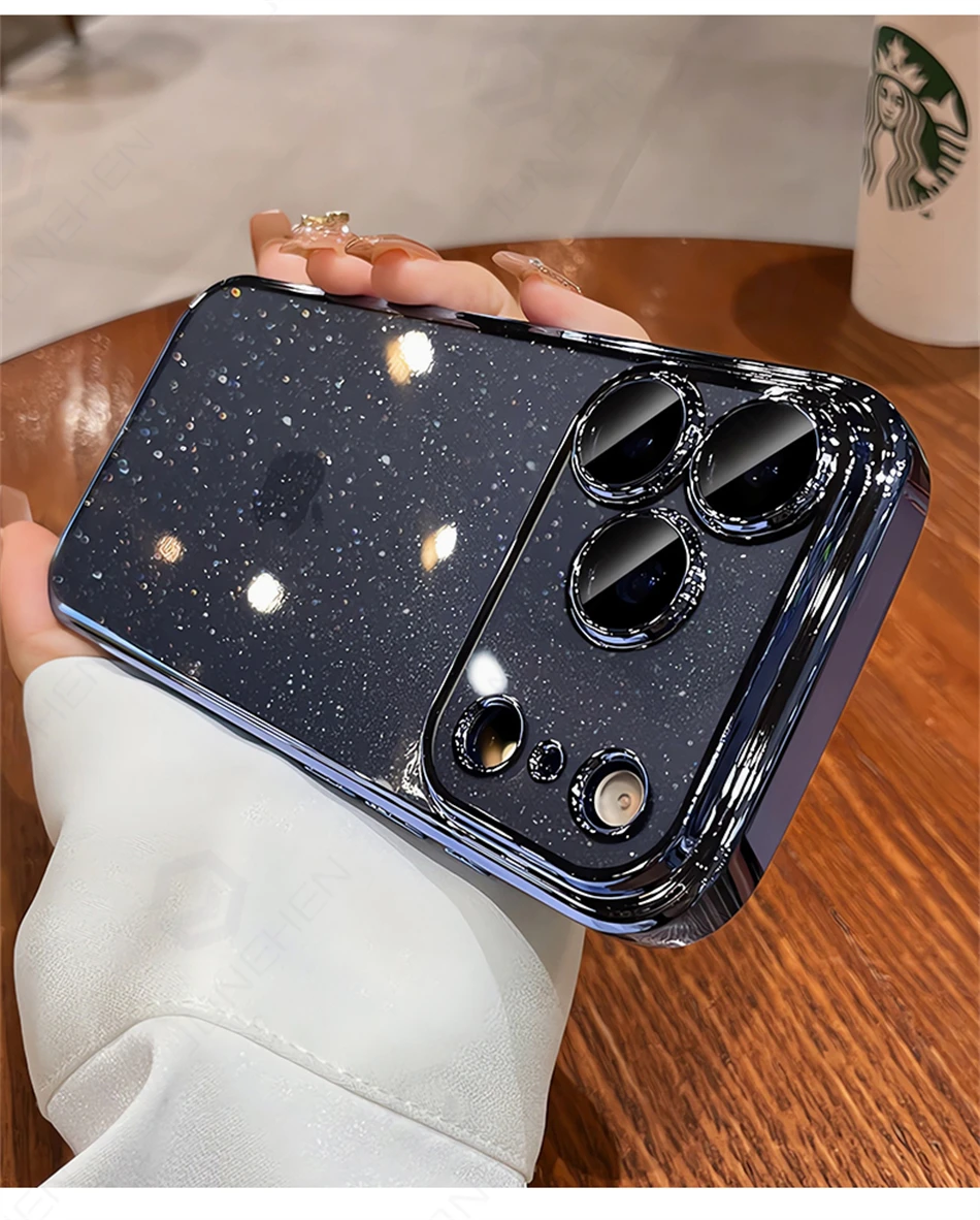 Luxuriöse Transparente Glitzer-Schutzhülle für iPhone 12 13 14 15 16 17 18 Pro Max mit Orangefarbener Beschichtung, Stoßfänger und Hartglas-Objektivabdeckung – Detail 8