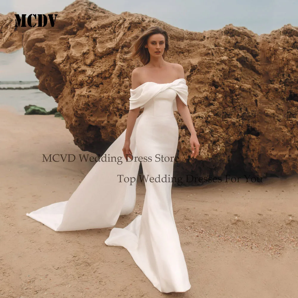 

MCDV Simple Mermaid Wedding Dresses For Woman Bride Strapless Satin Off Shoulder Zipper Robe De Mariée Personalized Customized