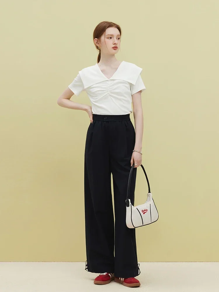 FSLE Elastic Waist Women High Waist Solid Casual Full Length Trousers Drawstring Design Summer Thin Casual Black Female Pants