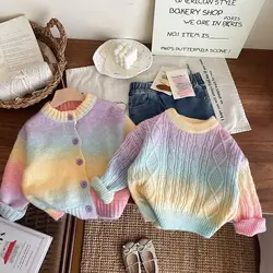 Girls Gradient Thickened Sweater 2024 Children Stylish Winter Korean Top Girls Rainbow Round Neck Knitted Sweater