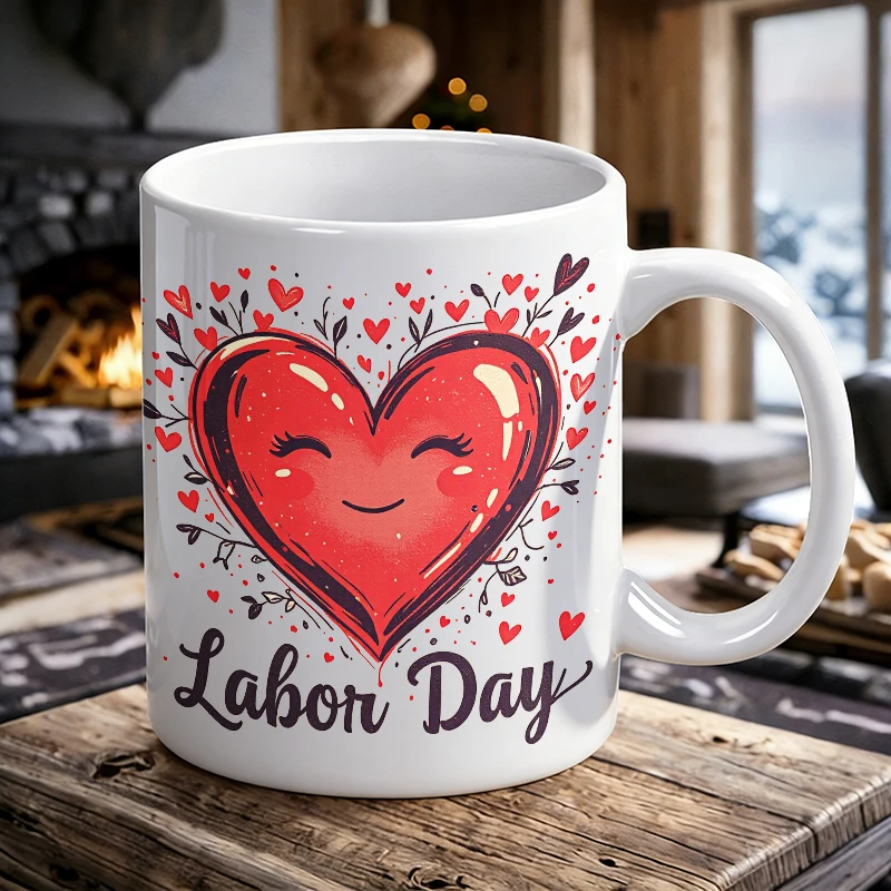

Labor Day Cute Heart Ceramic Mug Festive Holiday Coffee Cup, Milk Cup, Office Tea Cup, Gift for Friends, Fade-Resistant